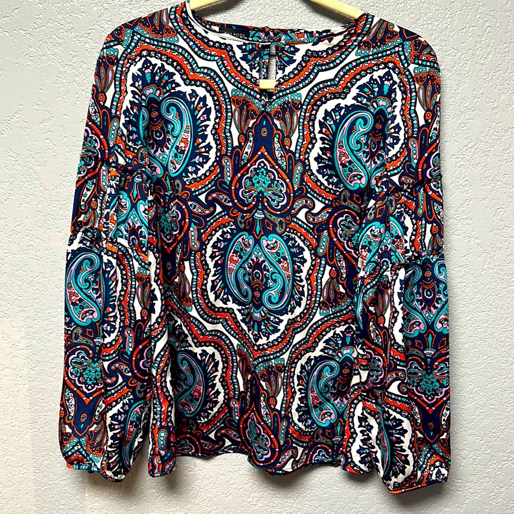 Talbots Paisley Blouse Womens Sz Small Business Shirt Long Sleeve EEUC Navy Pink